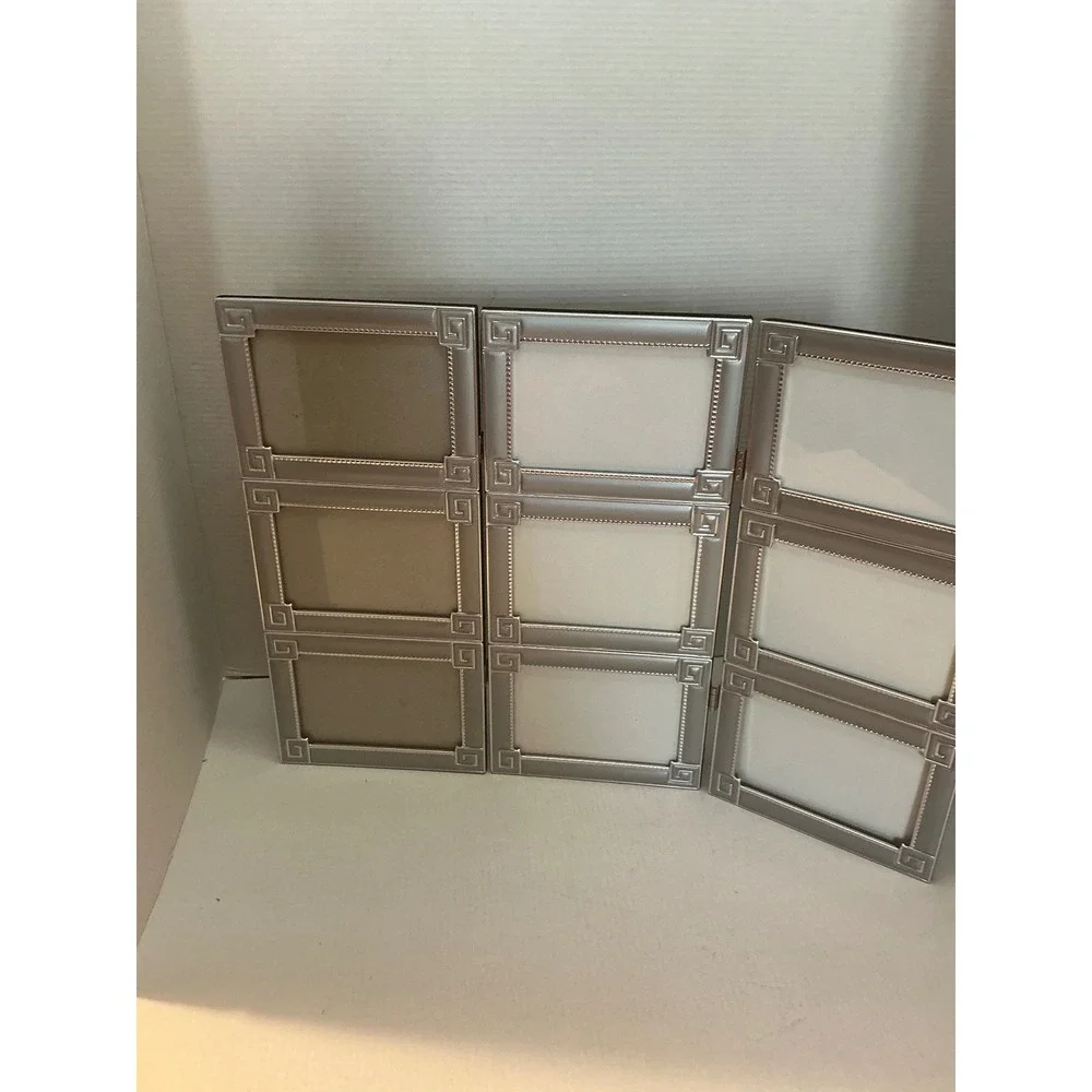 Silver Tri-Fold 9-Opening Picture Frame Greek Key Detail Large Modern